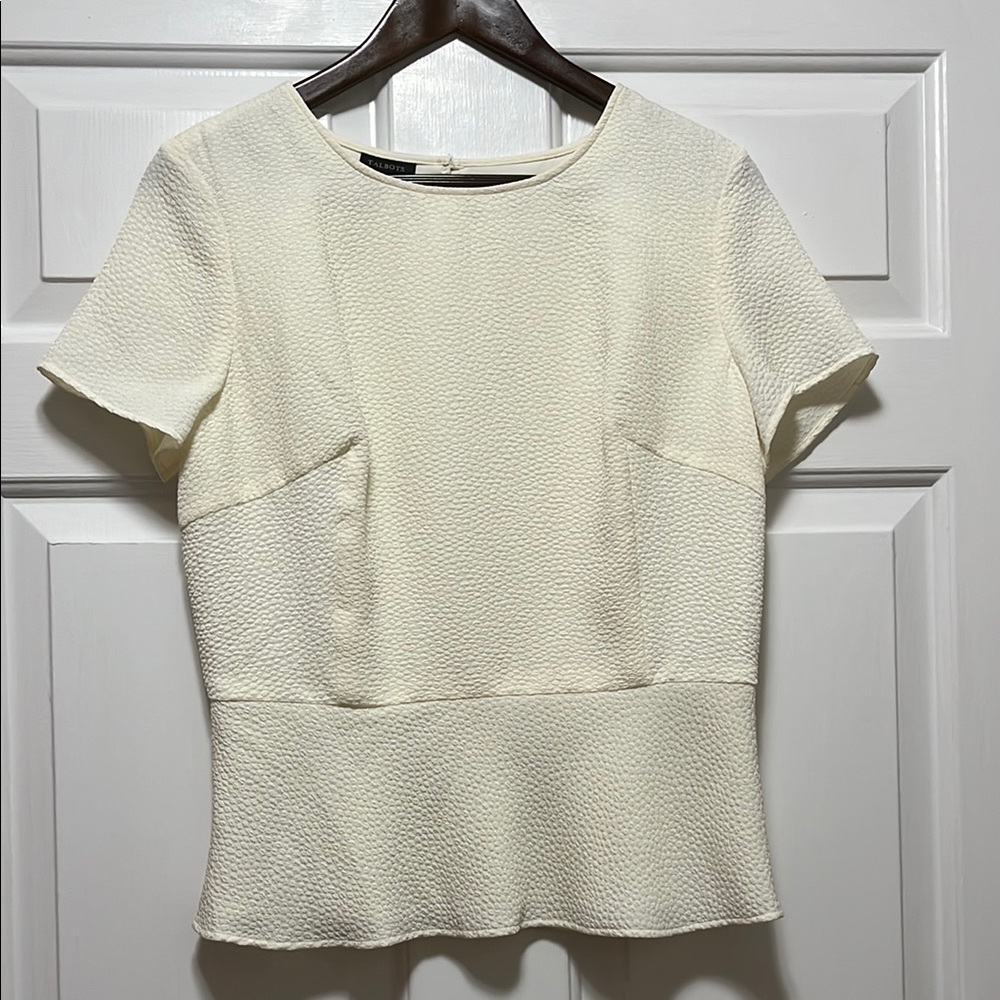 Talbots White Fitted Peplum Top with Crew Neck and Short Sleeves